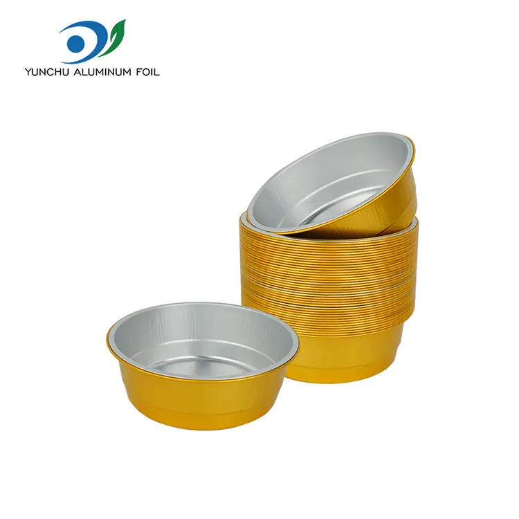 Engang med gyldne runde aluminiumsfoliebeholdere