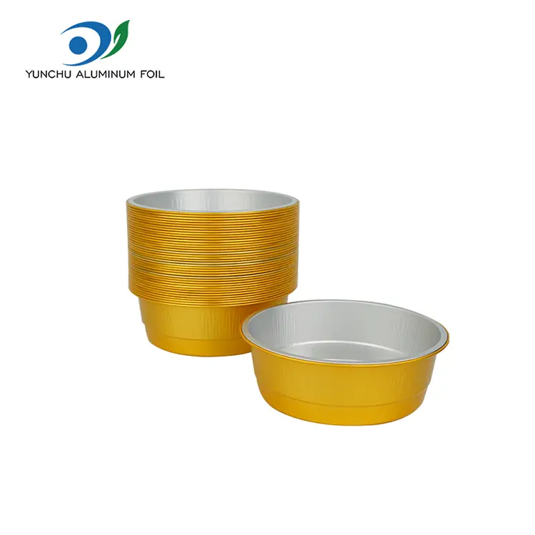 Engang med gyldne runde aluminiumsfoliebeholdere