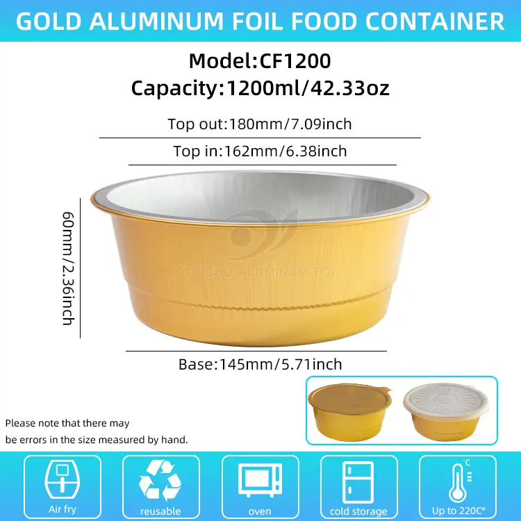 Engang med gyldne runde aluminiumsfoliebeholdere