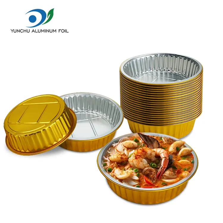 Engangs gratin gylden runde aluminiumsfolie containere