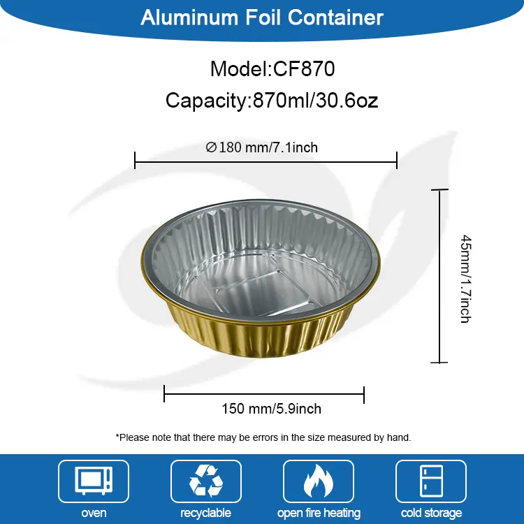 Engangs gratin gylden runde aluminiumsfolie containere
